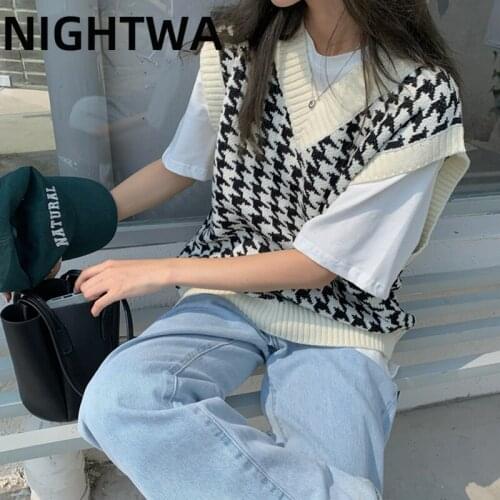 NIGHTWA 2021 Women Knitted Vest Houndstooth Loose Sweater V Neck Sleeveless Autumn Winter Vintage Sweater Female Chic Waistcoat