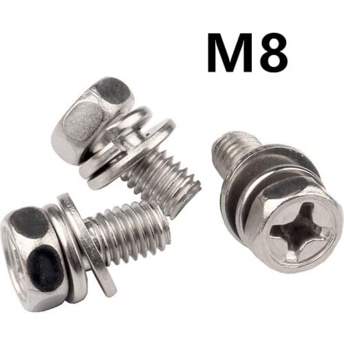 20pcs/lot M8x12/14/16/18/20/25/30/35/60mm GB9074.13 Stainless steel phillips sems hex bolt with washer three combination screws