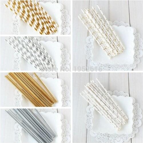 25pcs/lot Gold /Silver Foil Paper Straws for kids birthday & wedding decorative party event supplies Creative Drinking Straws
