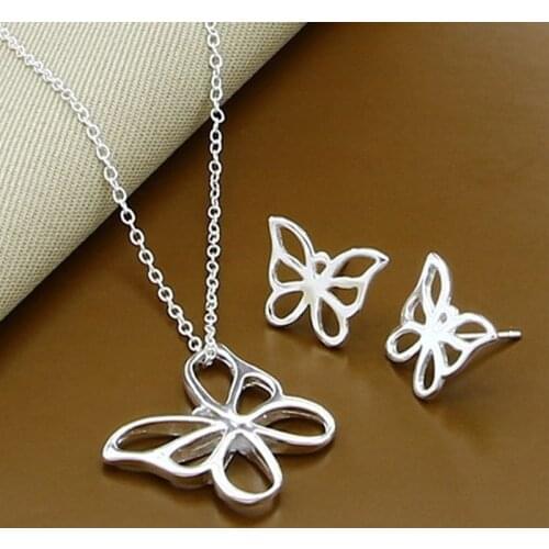 925 Sterling Silver Fashion Simple Insect Flower Butterfly Necklace Earrings Jewelry Set for Women Female Trendy Jewelry Gift