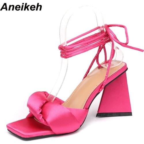 Aneikeh 2021 NEW PU Fashion European And American Style Sandals Women Shoes Summer Spike Heels Cross-Tied Party Turned-Over Edge