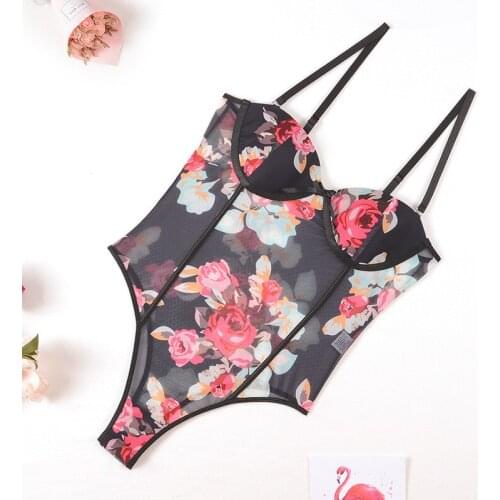 Floral Print Sexy Corset Lingerie Bodysuit Spaghetti Shoulder Straps Shapewear Padded Cup Open Crotch Shaper Outwear Lingeries