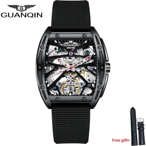 GUANQIN Watch Men Top Luxury Brand Automatic Luminous Clock Silicone Skeleton Tourbillon Waterproof Mechanical men wristwatches