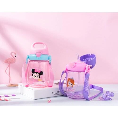 Disney Water Cup Children Plastic Straw Water Bottle Cute Student Transparent Leakproof Cartoon Cup