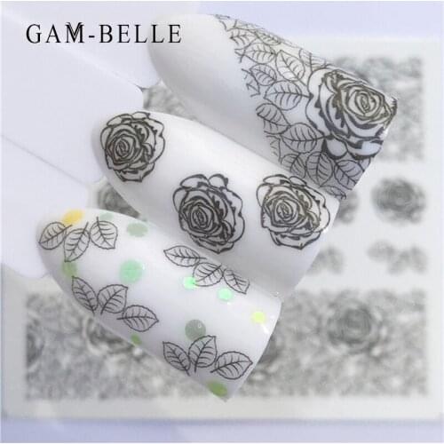 GAM-BELLE 1 Sheet Black Nail Sticker Water Transfer Gothic Lace Rose Design Decals Tattoo Nail Art Decoration Manicure Tools