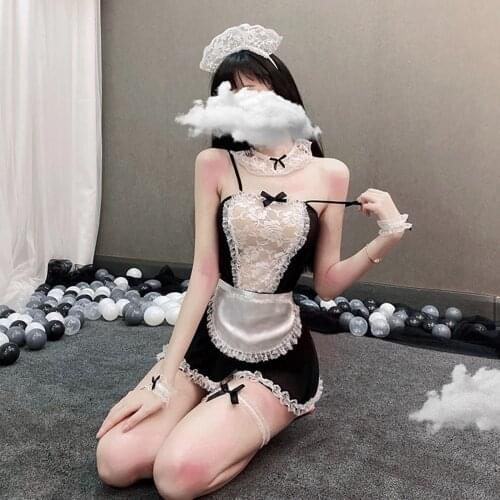 Cosplay Costumes Womens Lace Sexy Lingerie Sexy Maid Costume Pajama Suit With T-string Thongs Anime Role Play Party Dress Black