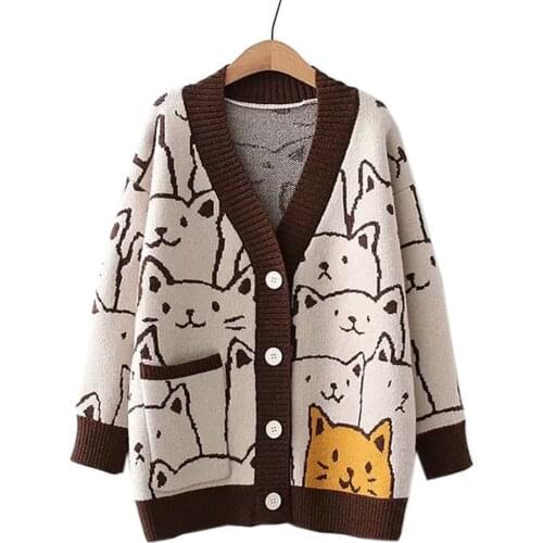Harajuku Kawaii V Neck Cardigans Women Cute Cat Vintage Winter Knitted Sweaters Female Retro Long Sleeve Outwear Knitwear Coat