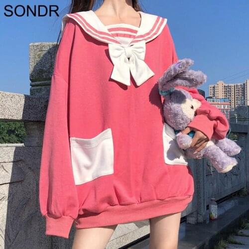 Autumn cute Bunny ears sweatshirt women College style navy collar loose white sweatshirt sweet cute Soft girl Pink pullover tops