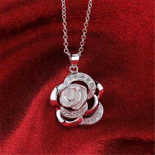 925 Sterling Silver colorShimmering Rose Pendant Necklace, Clear CZ Necklaces & Pendants Colares Fine Jewelry