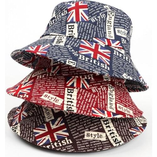 British UK Flag Graffiti Bucket Fisherman Hat Fashionable Washed Cotton Street Hip Hop Sun Protection Cap with Strap