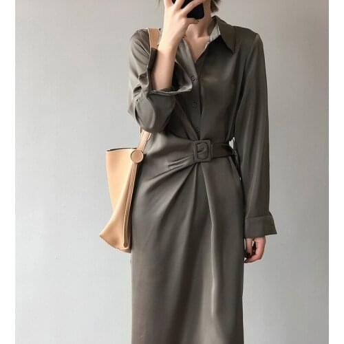Satin Shirt Dress Women Fashion Summer Design Temperament Ladies Skirt Casual High Quality Long Sleeve Bandage Dresses Female L2