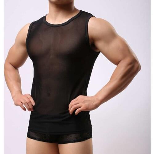 Sheer Mesh Undershirt Men Muscle Vest Tops See Through Sleeveless Undershirt Gay T Shirts Gym Sports Vest Underwear Solid Color