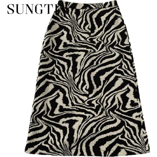 Sungtin Zebra Pattern Skirt Women Harajuku Straight Long Skirt Female Split Plus Size 2021 New Casual Vintage Skirts Empire