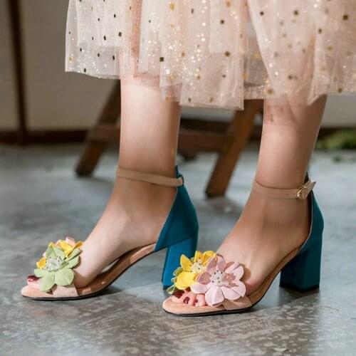 EshtonShero Women Sandals Shoes Woman High Heels Platform Flower Kid Suede Ankle Strap Blue Ladies Wedding Shoes Size 3-8