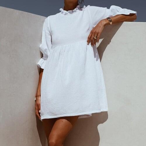 Autumn Fashion Woman Boho Sundress Women Ruffles Elastic Waist Loose Straight White Mini Dress Half Sleeve Shirt Dress Plus Size
