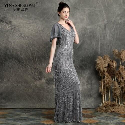 Evening Long Dress Sexy tassel V-neck Women Party Dresses Backless Sequin Robe De Soiree Short sleeve Elegant Formal Gowns New