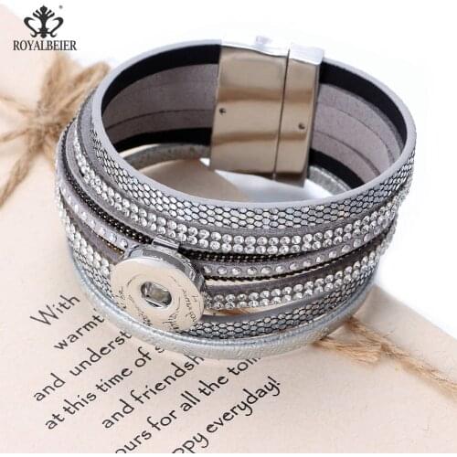 RoyalBeier 1pc PU Leather Rhinestone Europe United States Hot Snap Button Bracelet Fit 18/20mm Magnet pulseira-masculina SZ0523