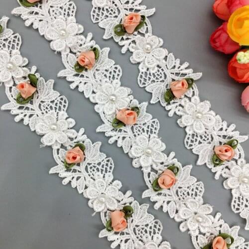 2 Yard Soluble Polyester Pearl Flower Lace Trim Embroidered Ribbon Fabric Handmade Wedding Dress Applique Sewing Craft