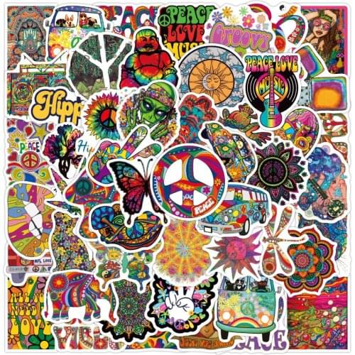 50PCS Retro Colorful Hippies Cool Graffiti Stickers Aesthetics Skateboard Guitar Laptop Luggage Waterproof Sticker Decal Kid Toy