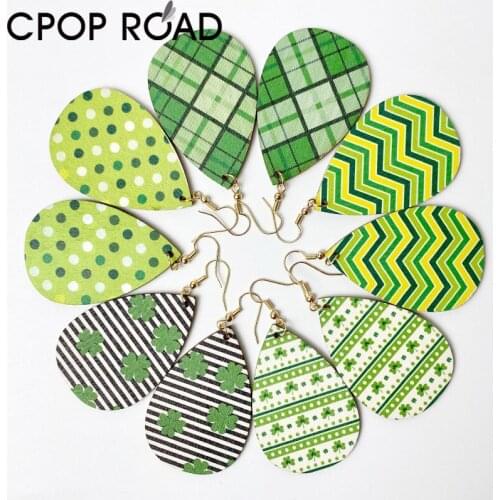 Cpop St Patricks Day Earrings for Women Polka Dot Green Grass Zebra Water Drop Wood Earrings Jewelry Accessories Girl Party Gift