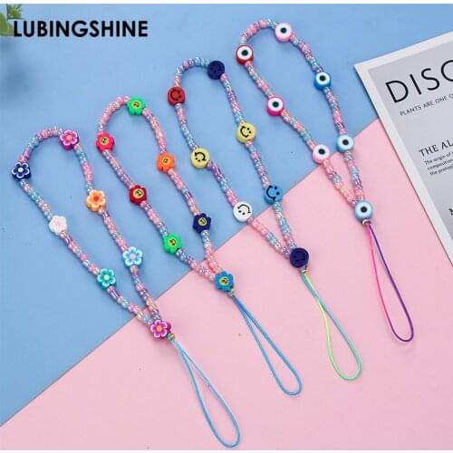 Long Acrylic Soft Pottery Beaded Necklace Sunflower Eyes Stars Smile Mobile Phone Lanyard Anti-lost Chain Jewelry Gift