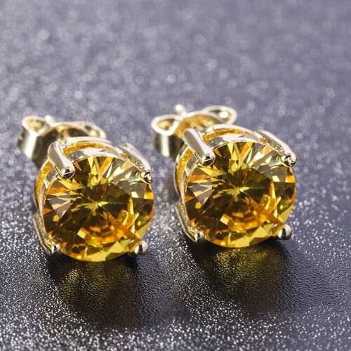 Exquisite Gold Plated Men Womens Zircon Stud Earrings Round Cut Yellow Crystal Cocktail Party Earrings Wedding Hip Hop Jewelry