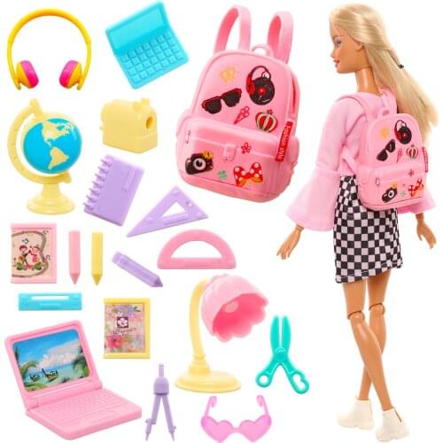 Kawaii Miniature Dollhouse Study Accessories for Barbie 18 items Mini Laptop Ruler Globe Pencil Table Lamp for Barbie Kids Toys
