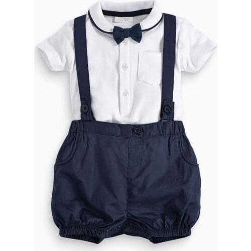 2PCS Fashion Gentleman Newborn Toddler Baby Boys Cotton Short Sleeve Turn-down Single Breasted White Shirts Tops Blue Overalls
