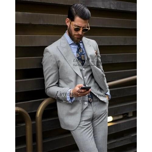 Casual Grey Men Suit For Business Wedding Simple Mens Tuxedos Elegant Men Suits 3 Pieces Sets(Jacket+Pant+vest) Costume Homme
