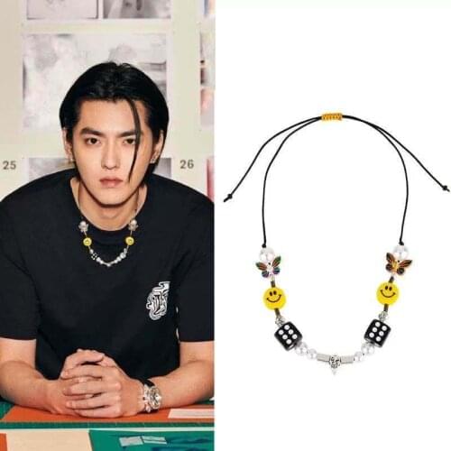 Kpop Fashion Rope Necklace for Men Dice Skull Pearl Yellow Smiley Face Multicolor Butterfly Necklace Hip Hop Bracelet 2020 New