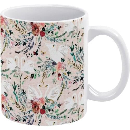 Swan Lake White Mug To Friends and Family Creative Gift 11 Oz Mug Coffee Ceramic Mug Watercolor Floral Flower Damask Bird Swan G