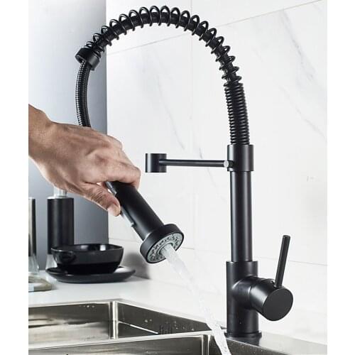 Brass Pull Out 360 Degree Swivel Spring Black Kitchen Faucet Single Handle Hole Hot Cold Mixer Water Tap With 2 Water Intel Pipe