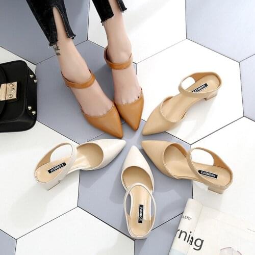 Summer Korean Version New Slingback Single Shoes Female Pointed Toe Mid-heel Sandals Womens Half Slippers High Heels Women Shoes
