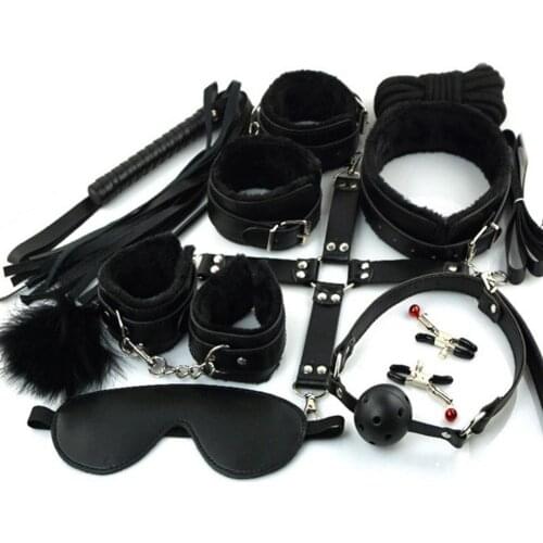 OLO 10Pcs/Set Bondage Restraint Kit Faux Leather BDSM Handcuffs Collar Mouth Ball Breathe Leather Whip Toys Couple Sex Product