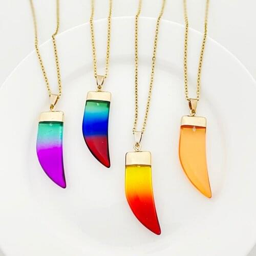 Halloween Hook Shaped Natural Stone Pendant Necklace for Women and Men Mixed Color Stone Stainless Steel Chain New Necklace 2021