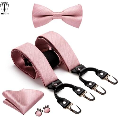 Hi-Tie Silk Jacquard Pink Mens Suspenders Set 4PC 6 Clips Male Braces Bowtie Hanky Cufflinks Y Back Straps for Wedding Business