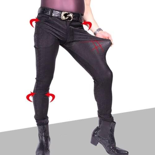 Sexy Men Plus Size 3D Print Punk Elastic Tight Trousers PU Faux Leather Shiny Pencil Pants Glossy Stage Pencil Pants Jeans F119
