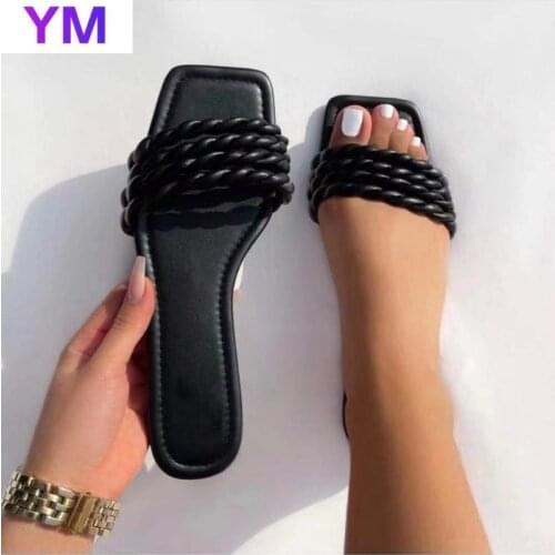 Summer Sandal Women Beach Sandal Shoes Outside Slides Green Designer Fashion Flat Sandal Square Toe Zapatillas Mujer Casa 2021