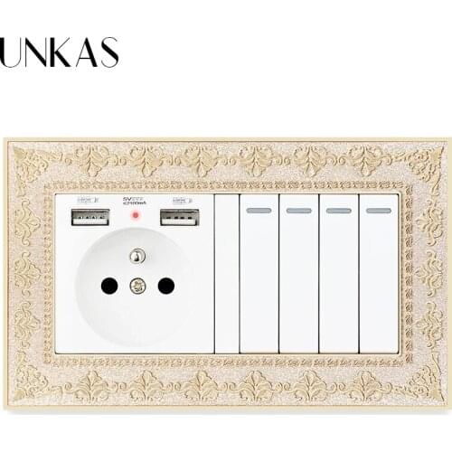 UNKAS French Socket Dual USB Hidden Soft LED Port + 4 Gang 1 / 2 Way On / Off Light Switch 4D Embossing Zinc Alloy Metal Panel
