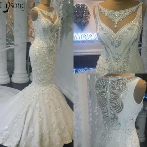 2020 Gorgeous Mermaid Wedding Dresses Luxury Beading Crystal Cut-out Back Dubai Arabic Bride Dress Lace Appliques Wedding Gowns