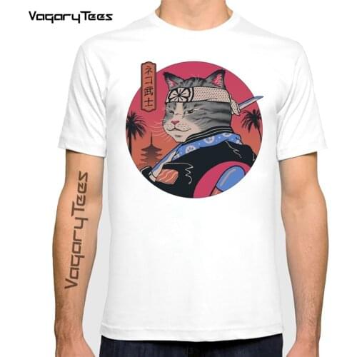 Vintage Funny Japanese Sunset Cat Kitten lover Samurai Cat Printing t shirt Kawaii Boys Tops Cartoon White Clothes Spoof