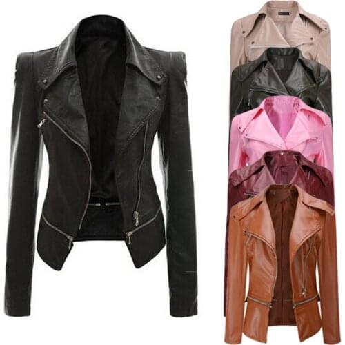 2019 PU Leather Jacket Long Sleeve Rivets Pocket Women Motorcycle Leather Jacket Coat Zipper PU Clothes Tops Plus Size S-4XL