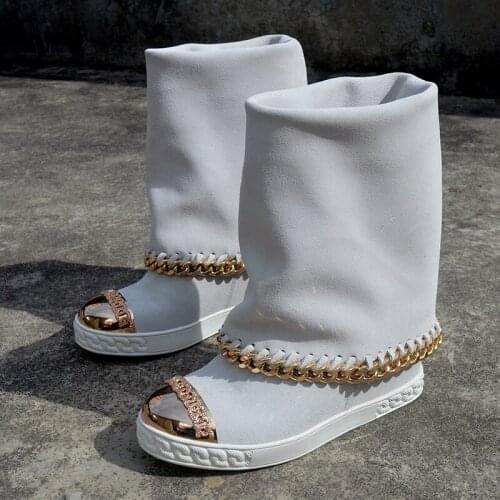 Botines mujer genuine leather platform shoes metal decoration ankle boots 8CM height increasing chain wedges snow boots woman