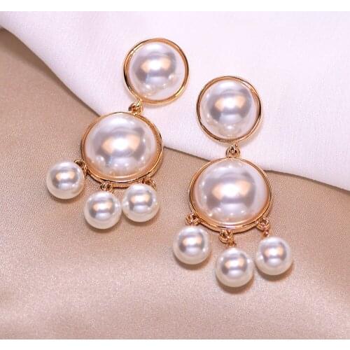 Trendy Elegant Created Big Simulated Pearl Tassel Long Dangle Earrings Statement Drop Earrings For Women Wedding Party Jewelry