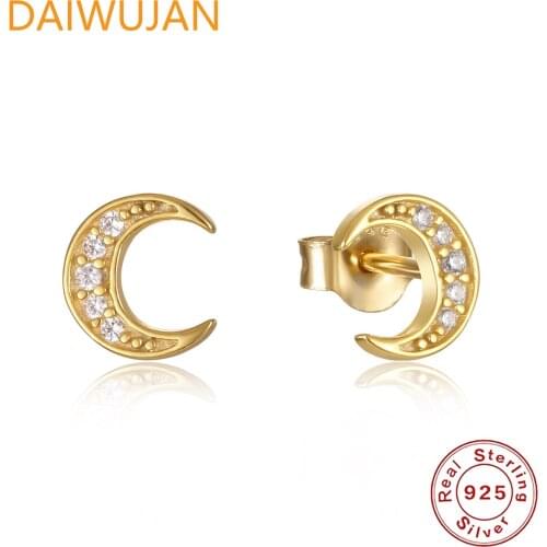 DAIWUJAN Simple Small Micro Inlay Moon Stud Earrings for Women 100% 925 Sterling Silver Piercing Earrings Kolczyki Damskie