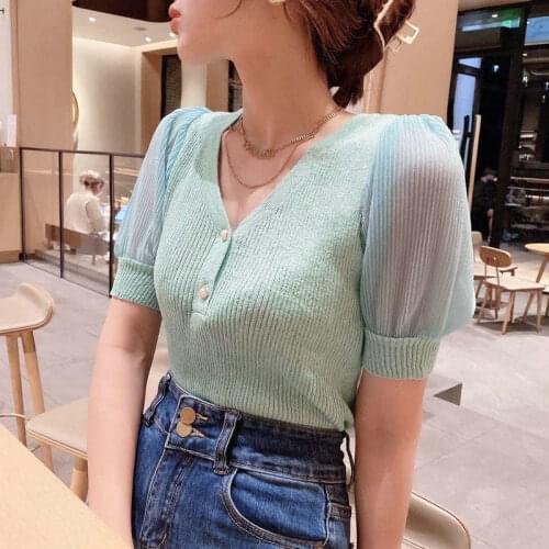 V-neck Puff Sleeve Sweater Womens Spring/summer 2021 New Solid Color Knitwear Short Ice Silk T Shirt Top Knitted Pullover