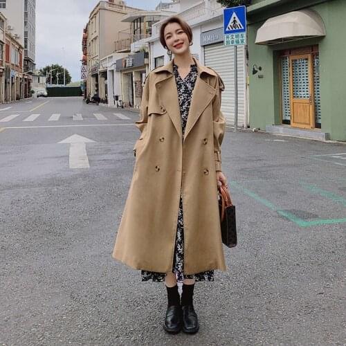 Womens Trench Coat 2021Spring Autumn New Khaki Long Korean Loose Lapel Double Breasted Fashion Belted Straight Windbreaker 37X