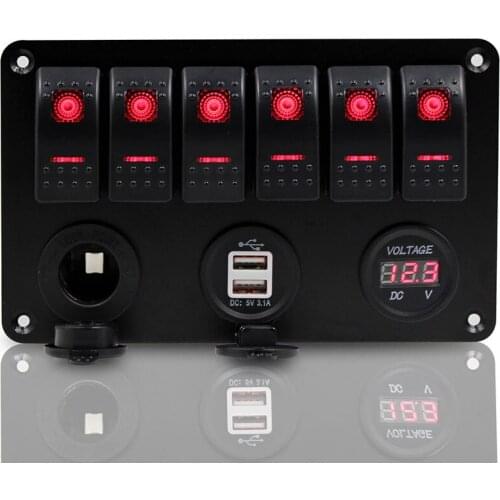 1set 6 Gang LED Rocker Switch Dual USB Voltmeter Power Socket Panel Car Marine Boat