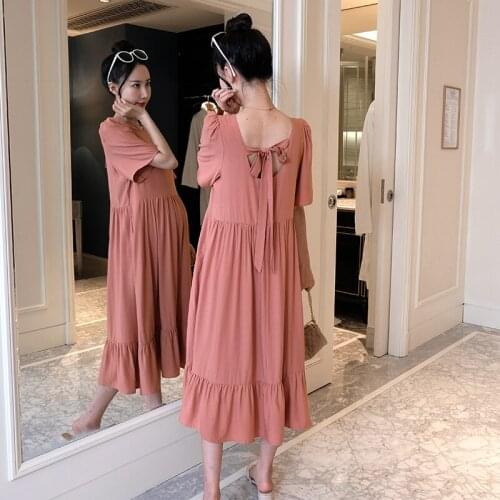 108# Maternity Clothes Summer Cotton Short Sleeve Loose Solid Color Dress for Pregnant Women Pregnancy Clothes