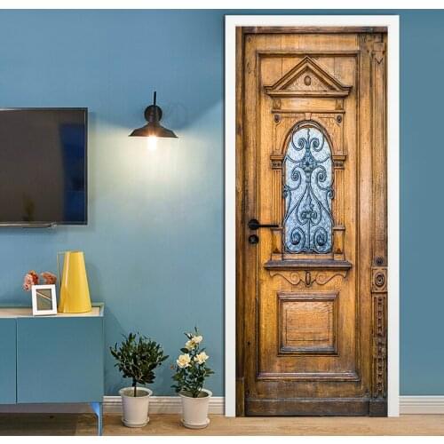 2pcs/set Retro Simulation Wooden Door Art Mural Door Stickers Bedroom Living Room Decorative Painting Peel & Stick Art Wallpaper